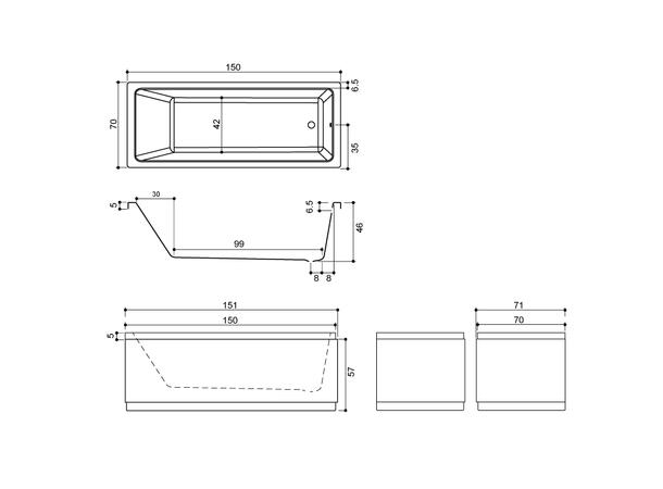 Badekarpakke med panel KVADRAT 150 150x70x62cm (front&ende) hvit